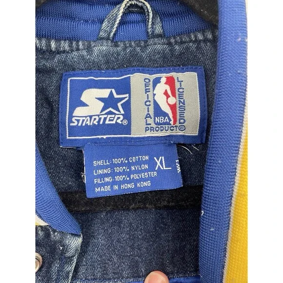 Rare VTG 90s Starter NBA Varsity Golden State Warriors Denim Jean Jacket Quilted - Picture 10 of 14
